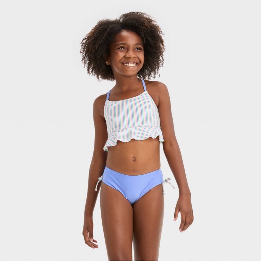Cat & Jack Girls' Seersucker Striped Midkini Set - Blue, XL (14)